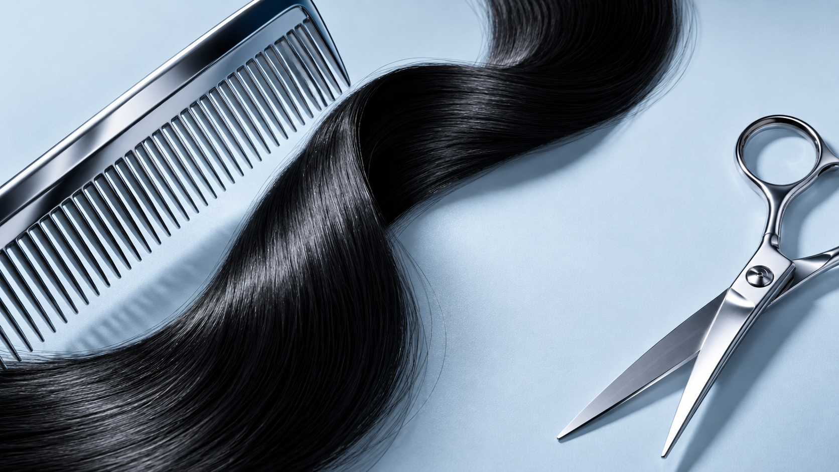 Illustrative still life of a chrome comb, a flowing black hair swatch, and polished styling scissors on icy blue